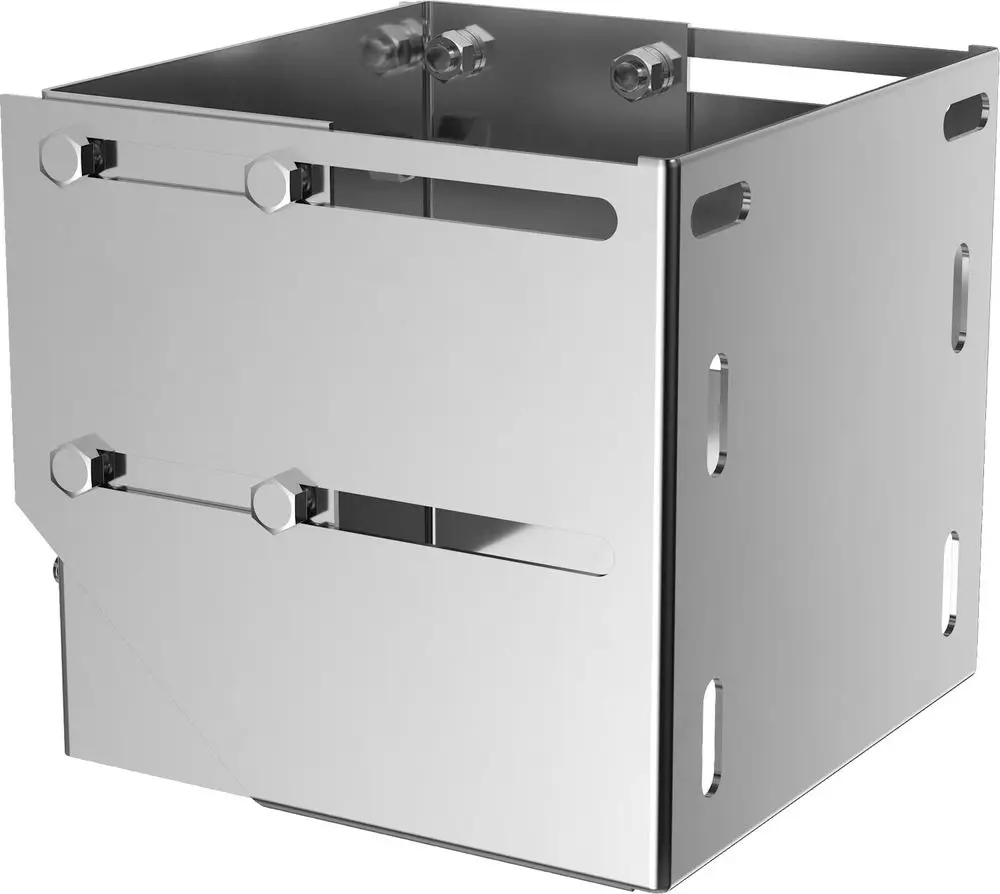 Edelstahlbehälter mit quadratischer Form und Montageöffnungen. Geeignet für Abgaszubehör von Bosch. Klare Struktur ohne zusätzliche Beschriftungen oder Maße.